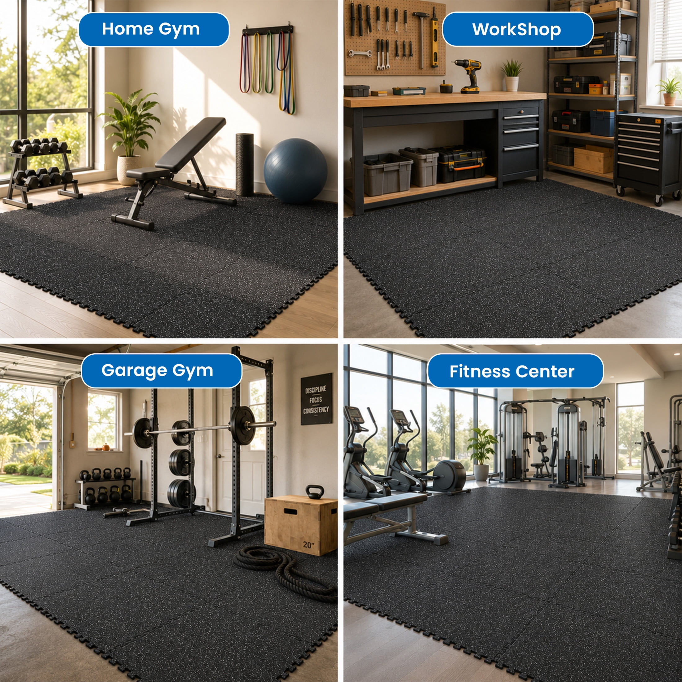 Noble House 0.6" Thick Interlocking Rubber Top & EVA Foam Floor Workout Mats for Gym, Yoga, 12 Tiles, Black & White