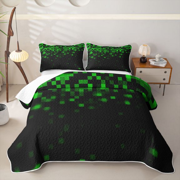 jejeloiu Green Pixel Twin Quilt Set Kids,Abstract Geometric Plaid Twin Coverlet Set For Boys,2-Piece