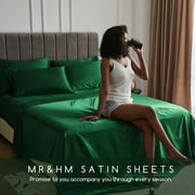 MR&HM Satin Sheet Set Queen 4 Pcs, Silky Elegant Luxurious Queen Size Bed Sheets, with Flat Sheet, Deep Pocket Fitted Sheet for Mattress and Matching Satin Pillow Cases (Queen Size, Dark Green)