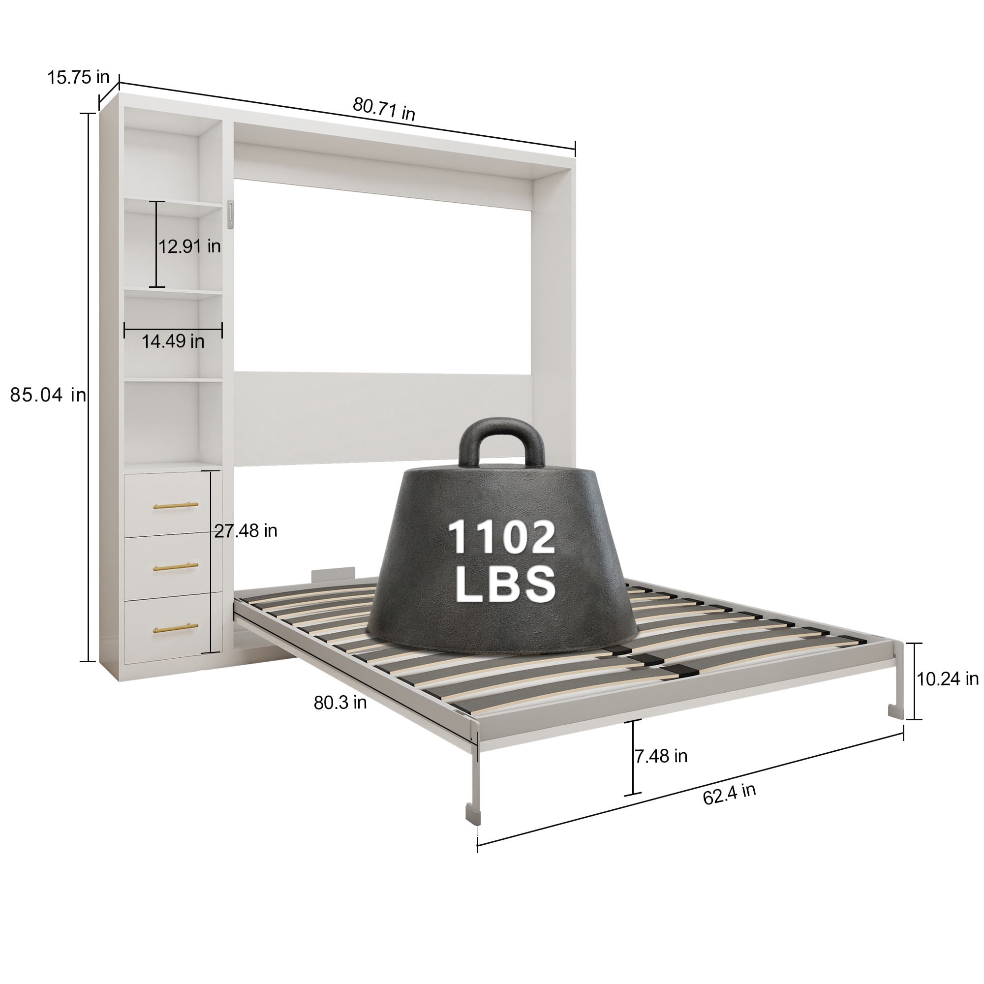 Sailvan Queen Murphy Wall Bed with Single Side Storage Cabinet