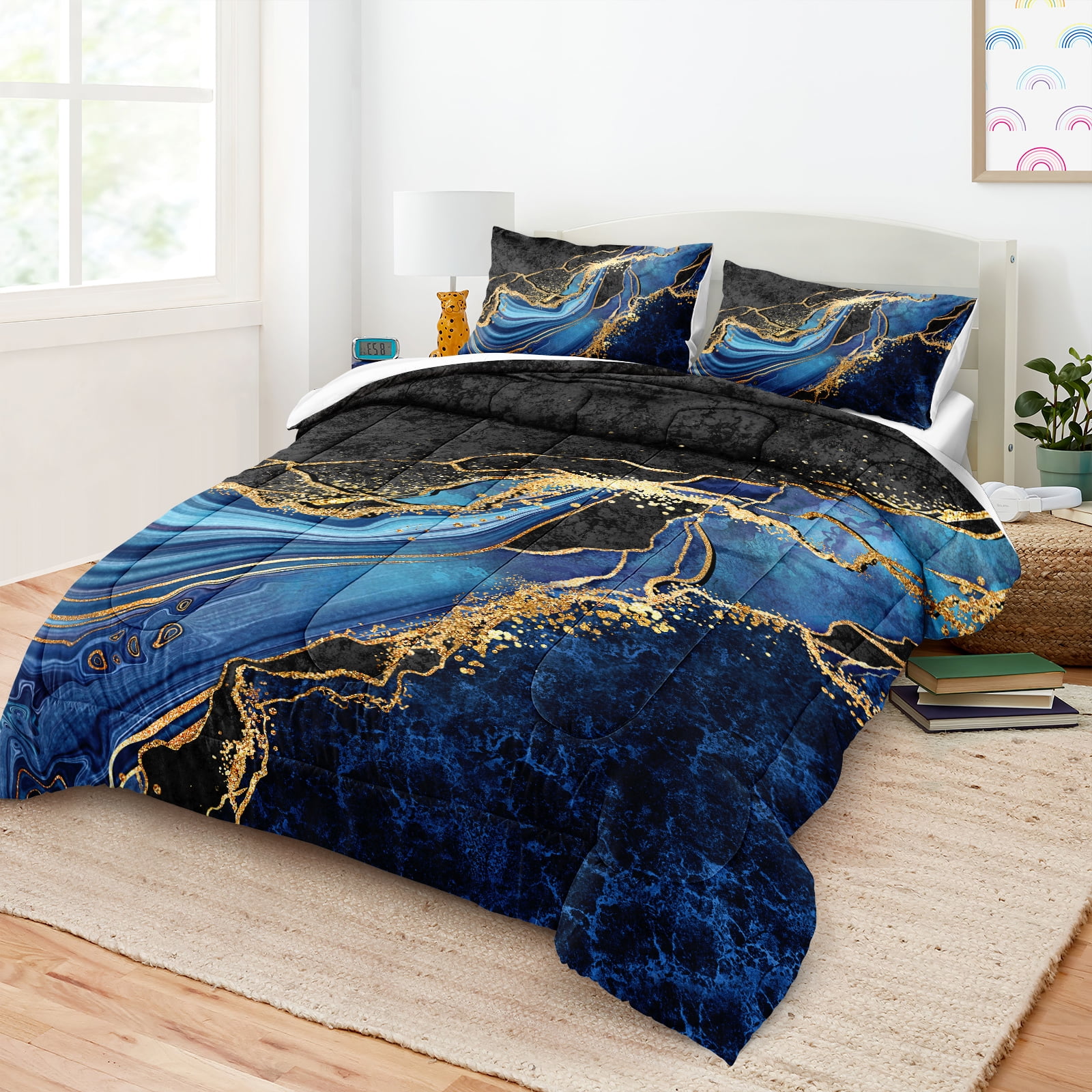 MOVE OVER Blue Gold Marble Comforter Set King Blue Marble Bedding Sets Abstract Marble Textured Pattern Microfiber Filling Down Duvet