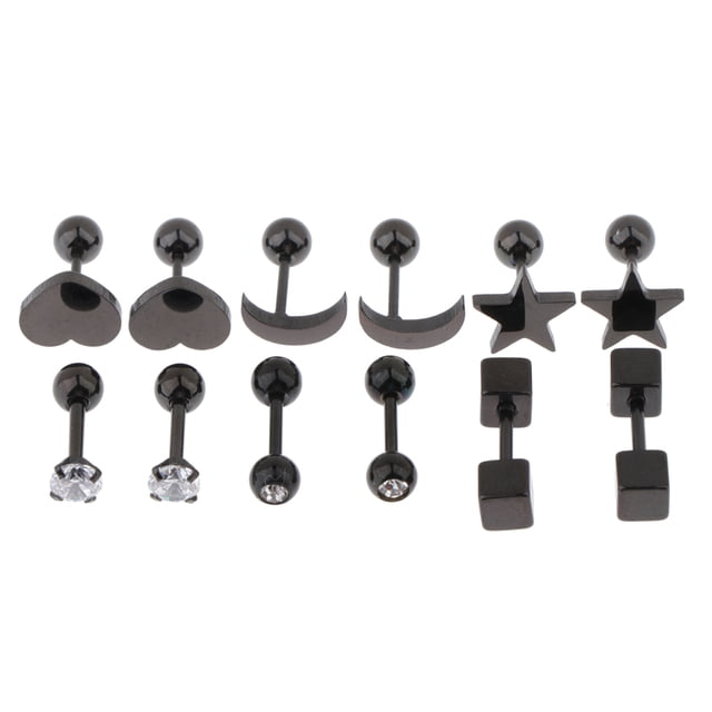 6 pares de pendientes femeninos de acero inoxidable con rosca de bola, Negro Sunnimix Aretes de acero inoxidable