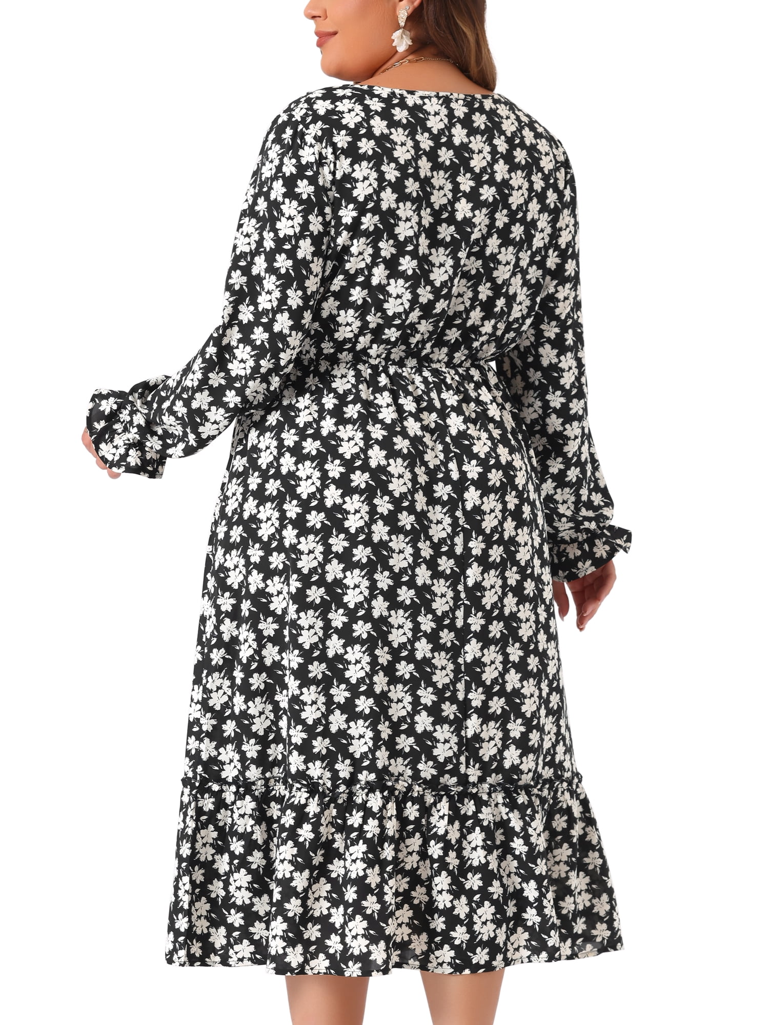 DARING DIVA Plus Size Floral Print V Neck Long Sleeve Maxi Dress 3X Black