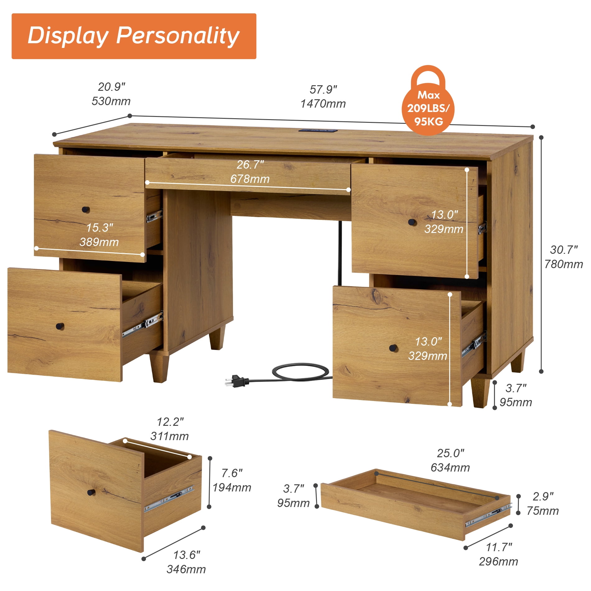 WAMPAT Home Office Furniture Set, 58" Executive Desk with Charging Station and Drawers,3-Column 71" Tall Bookcase with Doors and Adjustable Shelves for Living Room,Dark Brown Wood
