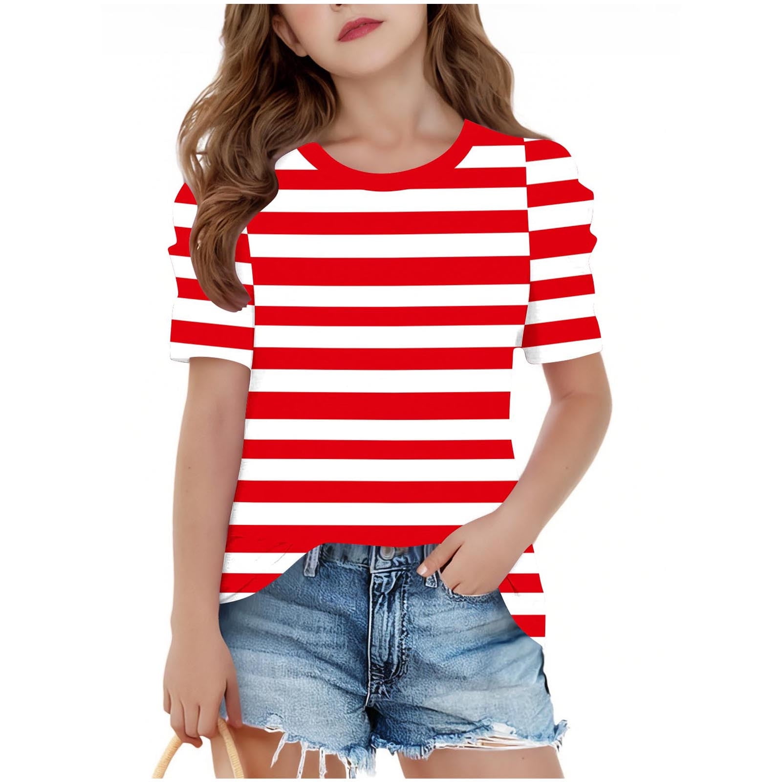 AJTQTH Cute Girls Summer Puff Sleeve Tops Loose Fit Casual Striped Color Block Printed Crew Neck Graphic T-Shirts School Outfit Clothes D-Red 8-9 Years