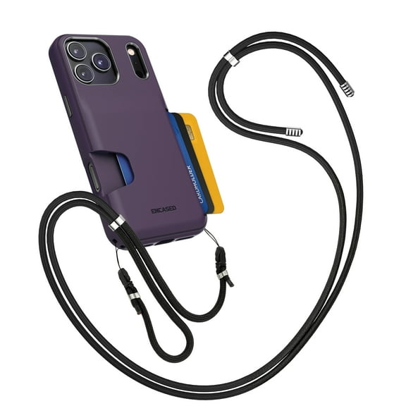 Encased for iPhone 17 Pro Wallet Case with Adjustable Neck Strap (Cache Series) - Crossbody Protective Phone Case with Built-In Card Holder Slot (Purple)