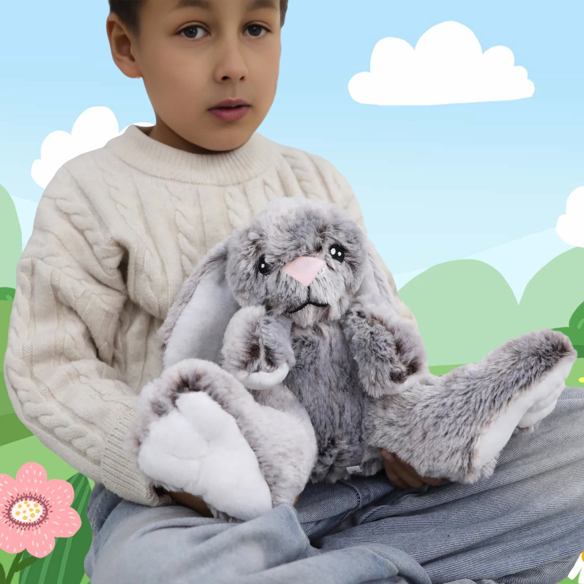 Kawaii Stuffed Fluffy Rabbit Animal Sitting Bunny Plush Toy Big Feet Rabbit Plushies Gray Fuzzy Bunny Doll Gift for Kids or Lover 10 Inch