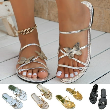 

Large Butterflys Flat Bottom Slippers Women Wearing Beach Sandals Silver qILAKOG Size 8.5
