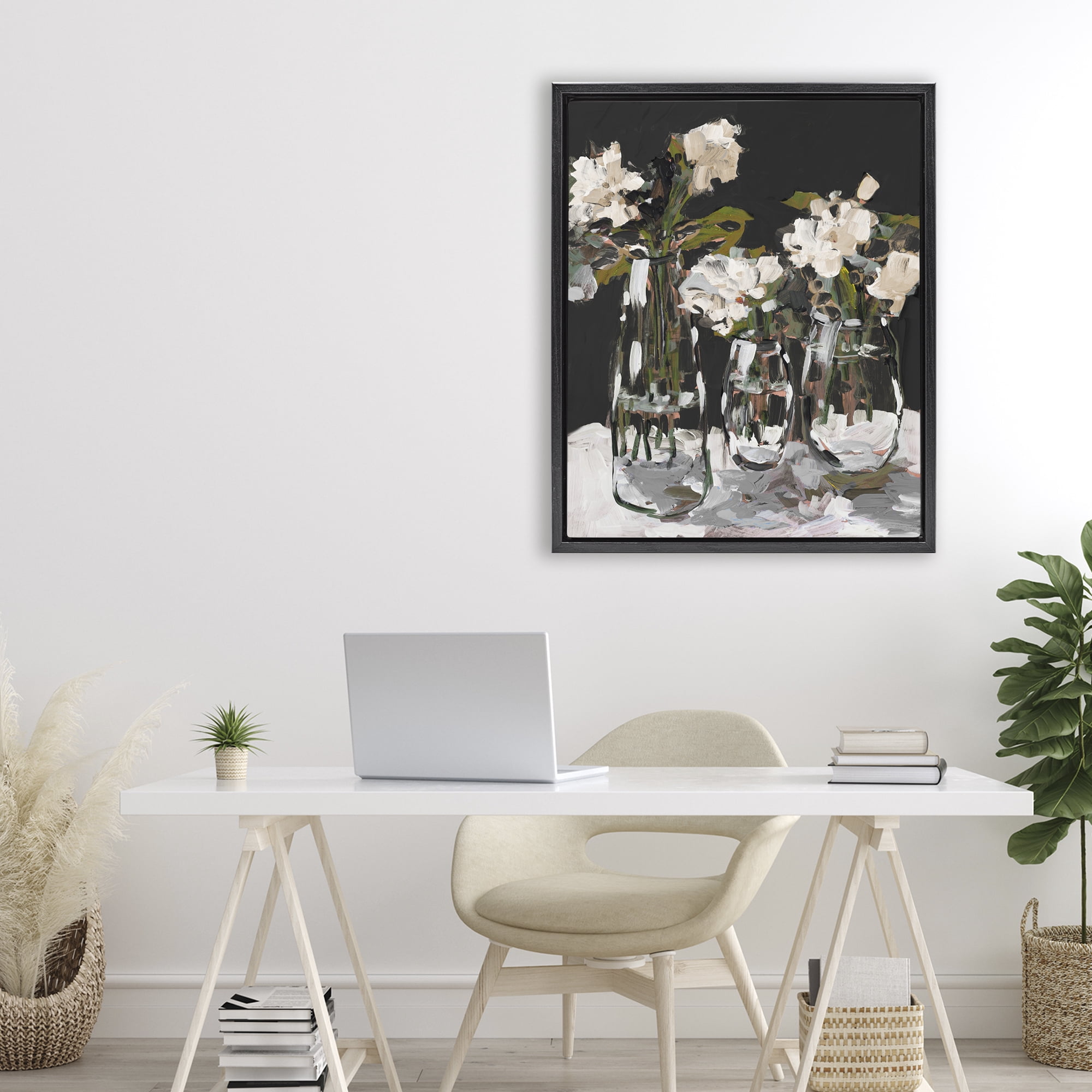 Stupell Industries Three Flower Vases on Black Black Framed Floater Canvas Wall Art, design by Jane Slivka