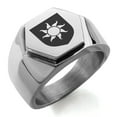 thumbnail image 1 of Stainless Steel Sun Splendor Coat of Arms Shield Engraved Hexagon Crest Flat Top Biker Style Polished Ring, 1 of 1