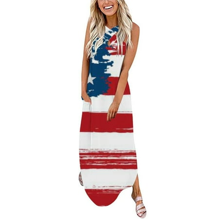 

Hvyesh Sundresses Women 2023 Summer Loose Fit Maxi Dress USA Flag Print Crewneck Side Split Dresses Sleeveless Lightweight Bohemian Dress Navy