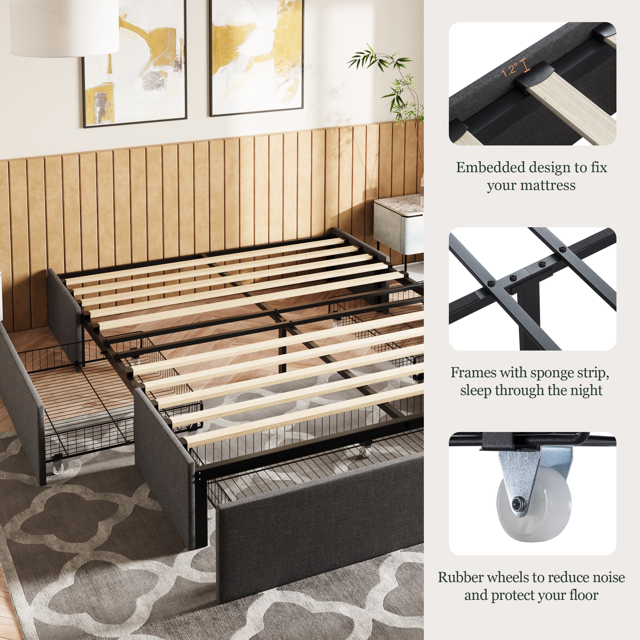 Amolife Queen Size Upholstered Platform Bed Frame with 3 Storage Drawers and Wooden Slats, Dark Gray