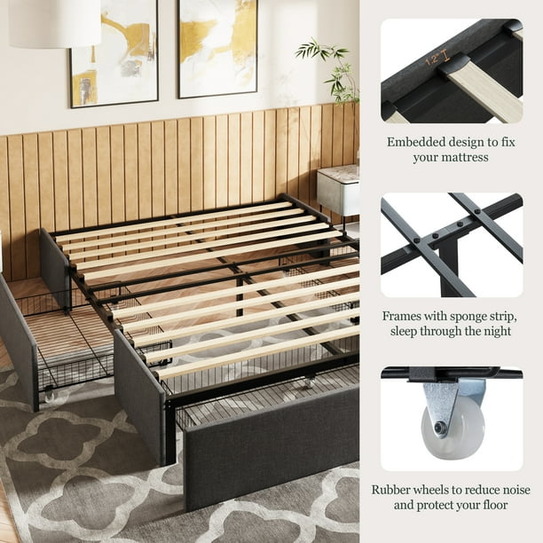 Amolife Queen Size Upholstered Platform Bed Frame with 3