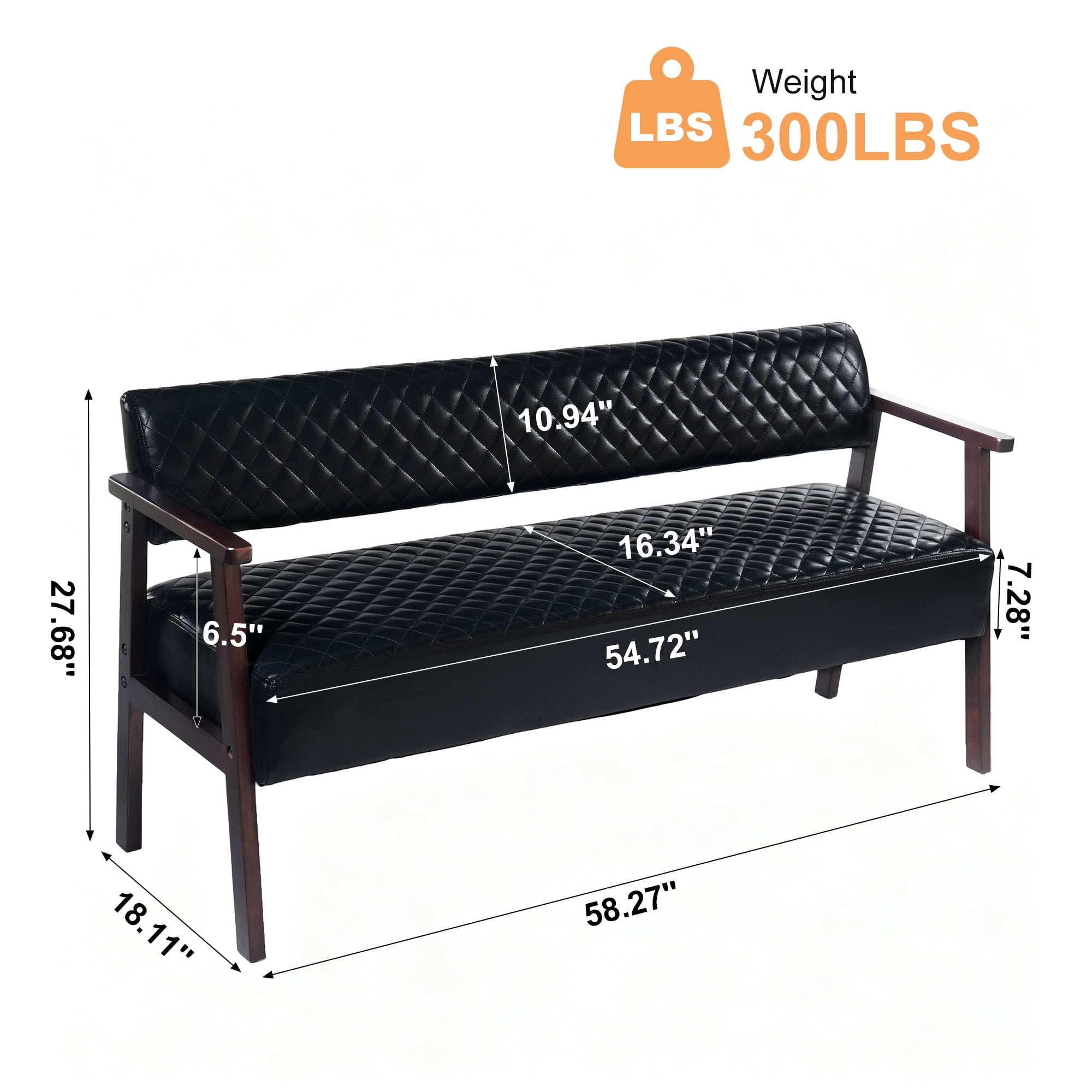 AISWORD 58.27" PU Faux Leather Upholstered Bench with Backrest,Diamond Quilted Entryway Bench with Wood Arms for Living Room,Office & Salon Waiting Room,Black