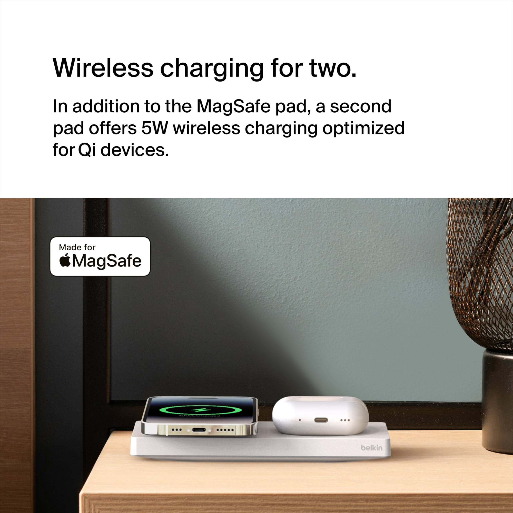 Belkin BoostCharge Pro 2-in-1 Wireless Charging Pad with MagSafe 15W, Fast Charging iPhone Charger Compatible with iPhone 15, 14, 13, and 12 Series, AirPods, and Other MagSafe Enabled Devices - White