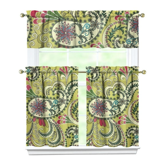 Vintage Paisley Pattern Kitchen Curtains - 3 PC Set Artistic Ethnic, Retro Floral Tier Panels & Valance, Farmhouse Rod Pocket Window Decor