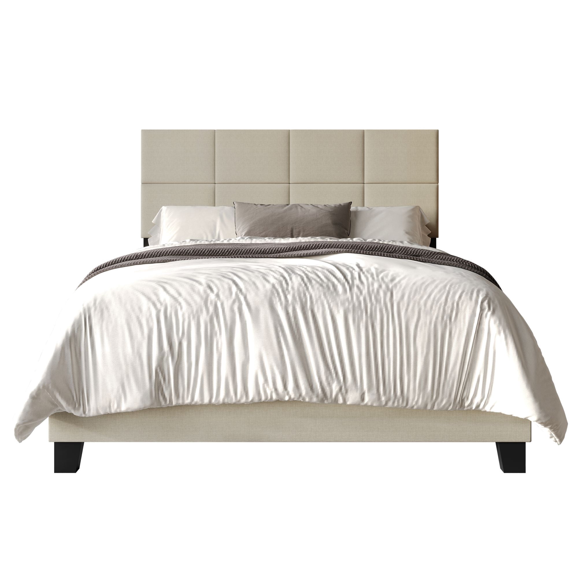 Home Design Lufkin Full Upholstered Panel Bed Frame with Checkered Tufted Headboard & Foam-Filled Comfort, Beige, Easy Assembly
