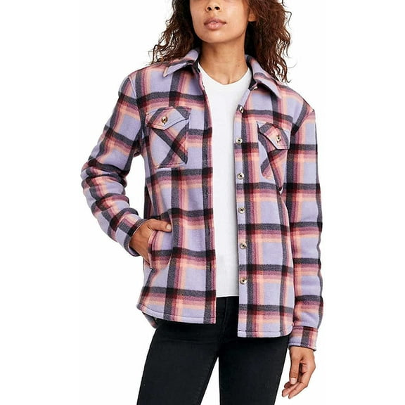 Women's Long Sleeve Plaid Super Plush Sherpa Lined Fleece Shirt Jacket Tops with Pockets Lavender Purple, X-Large