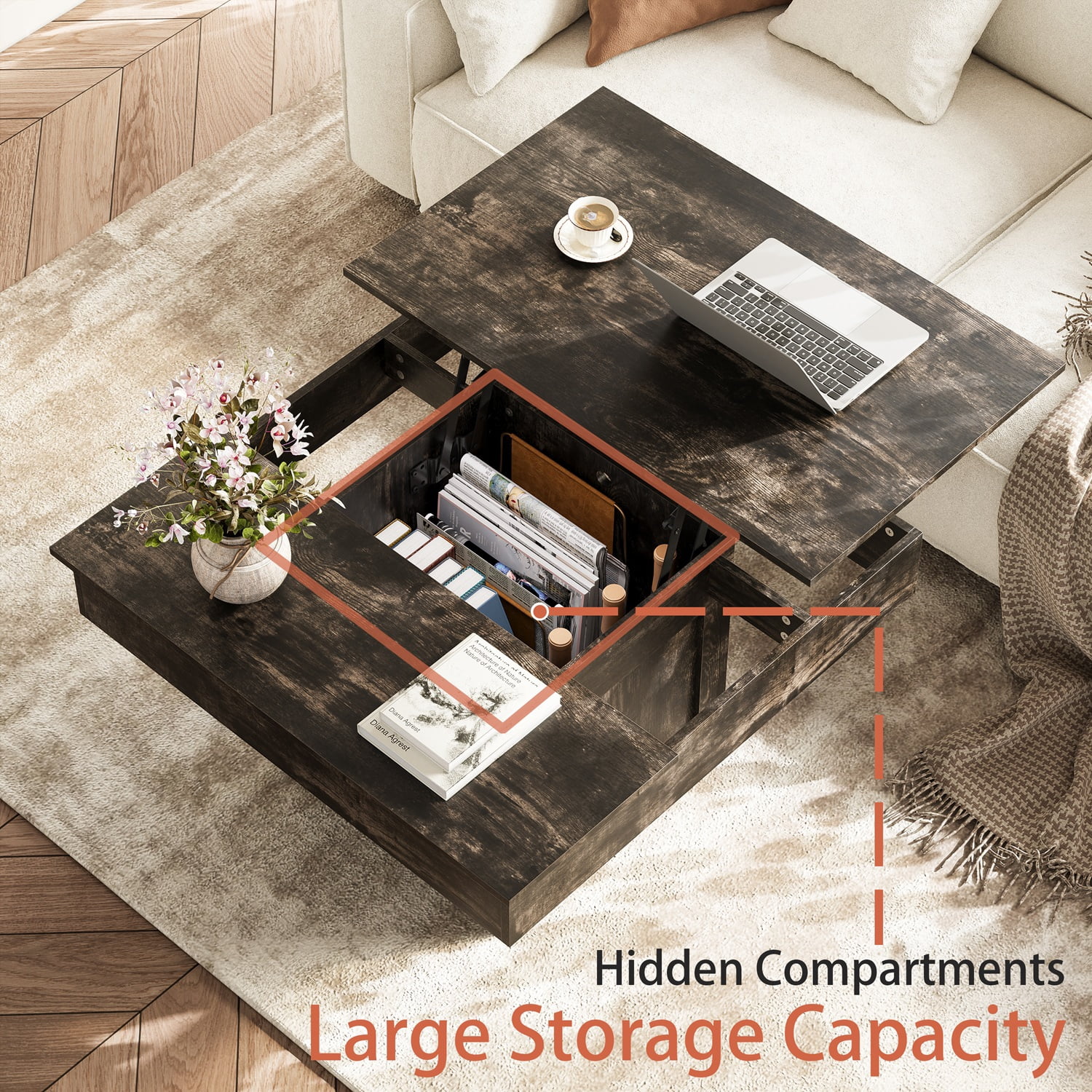 GUNAITO Lift Top Coffee Table with LED Lights, Modern Farmhouse Center Table with Storage, 31.5''Hx31.5''Wx19''D, Black