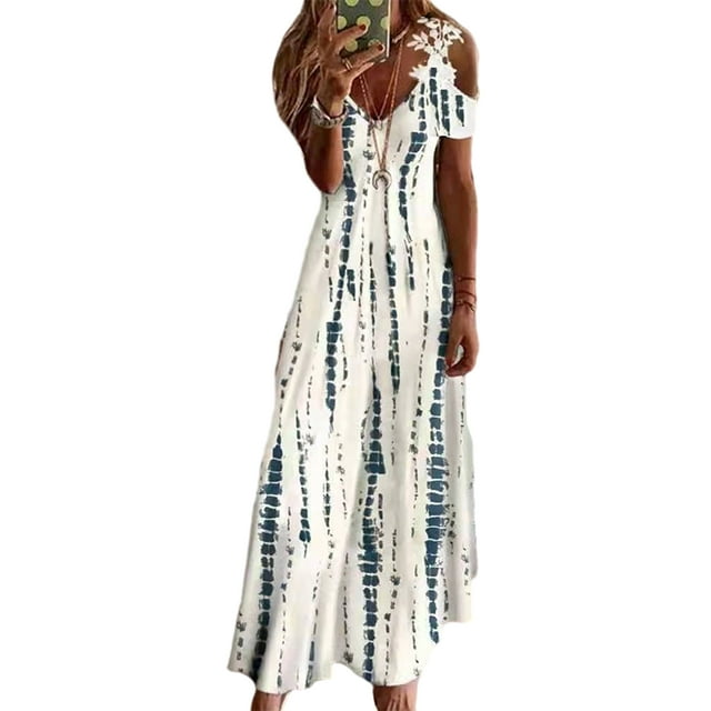 LUXUR Robe Longue pour Femmes à Manches Courtes, Robes Maxi à Épaules Dénudées, Robe d'Été de Plage Décontractée, Corchet à Rayures L