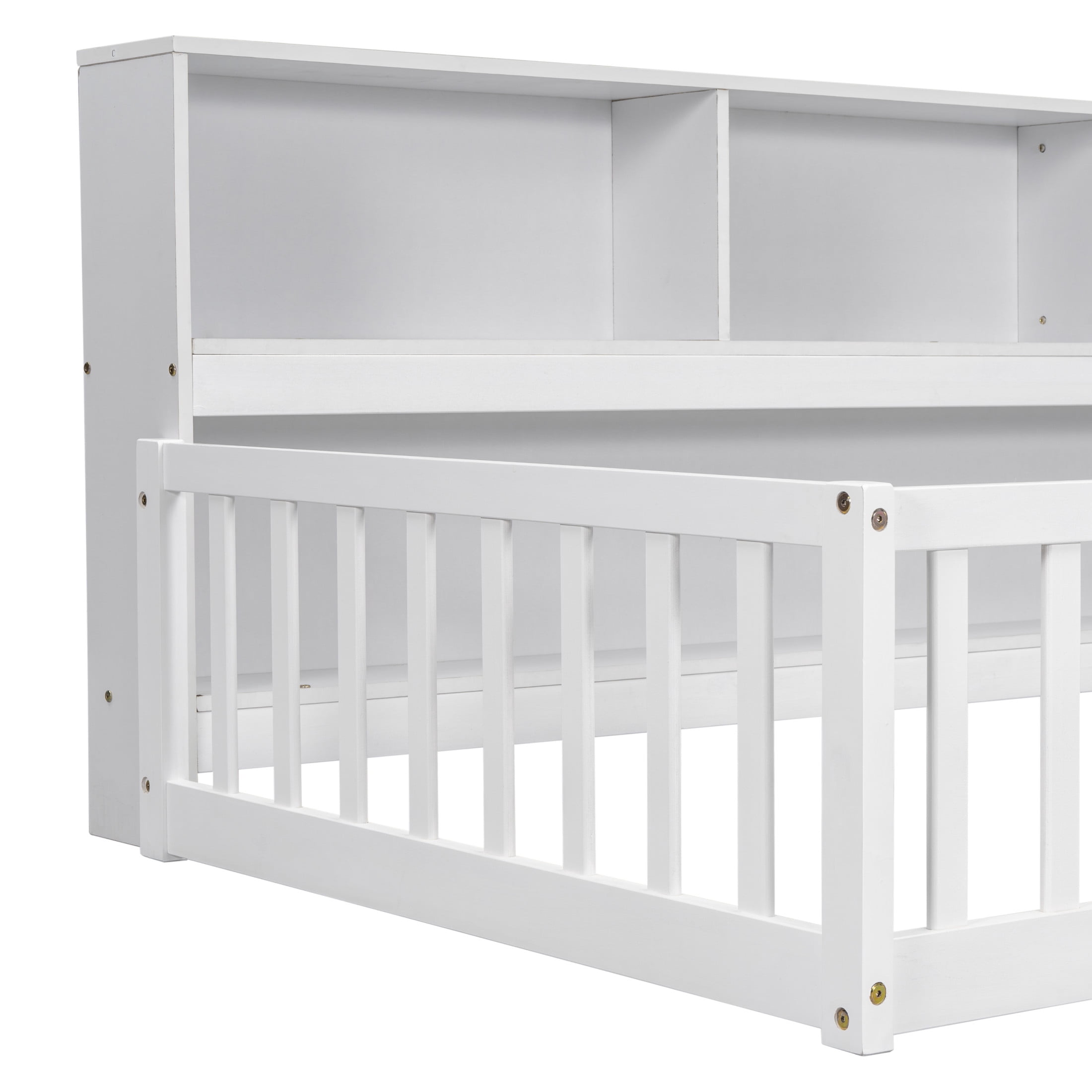 Noble House Lester Twin Size Floor Bed, Pine Wood Frame with Side Bookcase, Shelves, and Guardrails for Kids, White