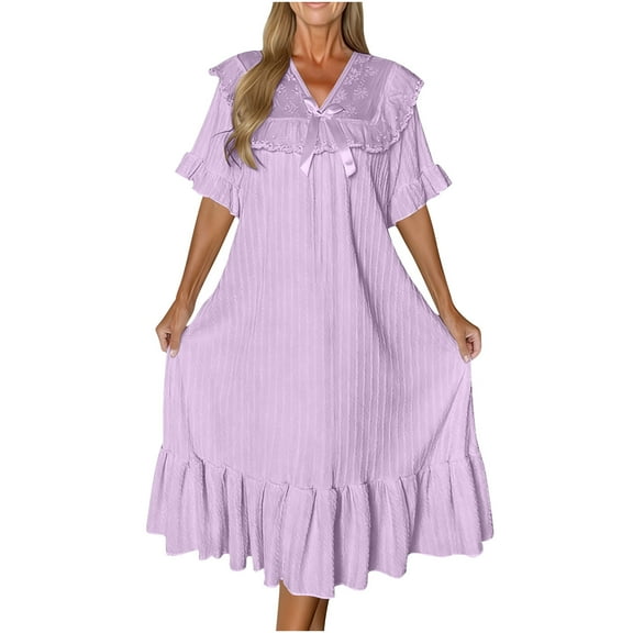 Nfurl Women's Plus Size Nightgowns Built in Bra Vintage Victorian Nightgown Loose Fit V Neck Short Sleeve Bow Decor Mid Length Sleep Dress Purple XXXL