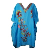 Mogul Women Blue Floral Embroidered Kaftan Dress Embellished Bohemian Housedress Tunic Caftan 3XL