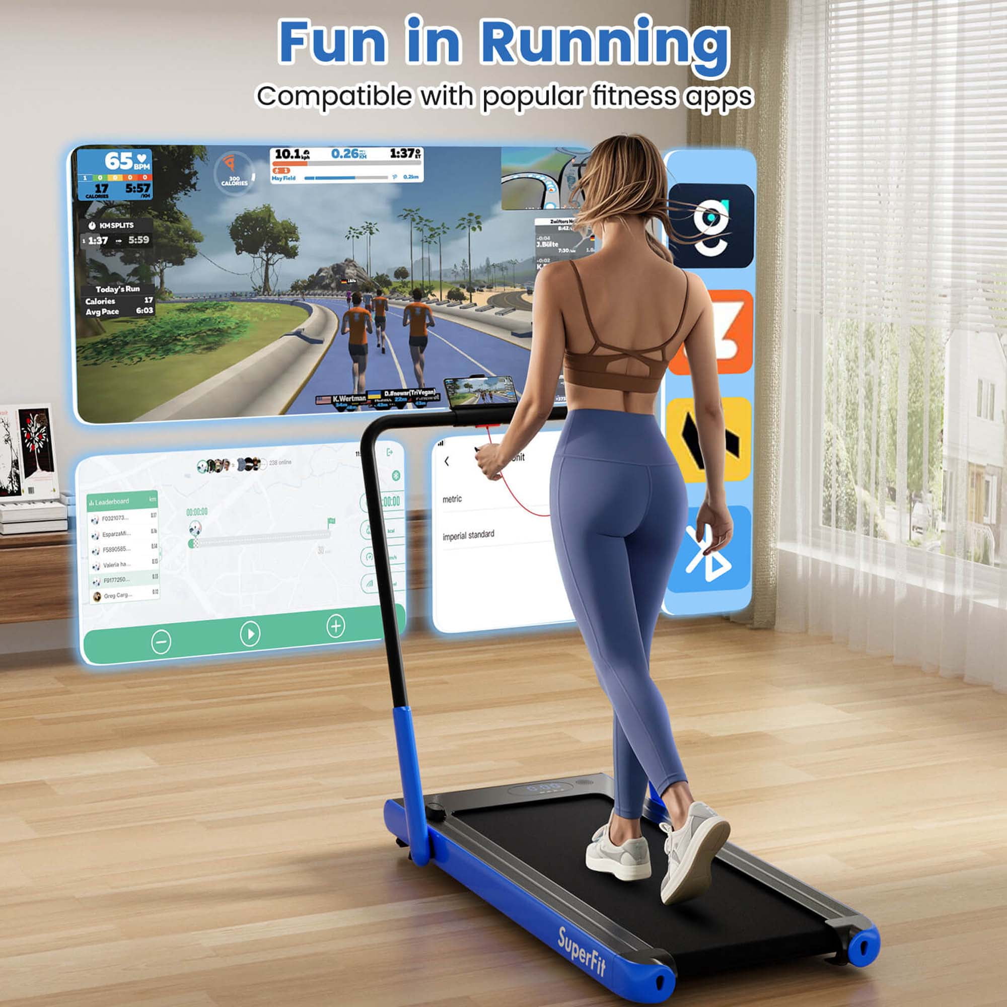 Costway 3-in-1 Folding Treadmill with Smart Apps Remote Control LED Display and Speakers Blue