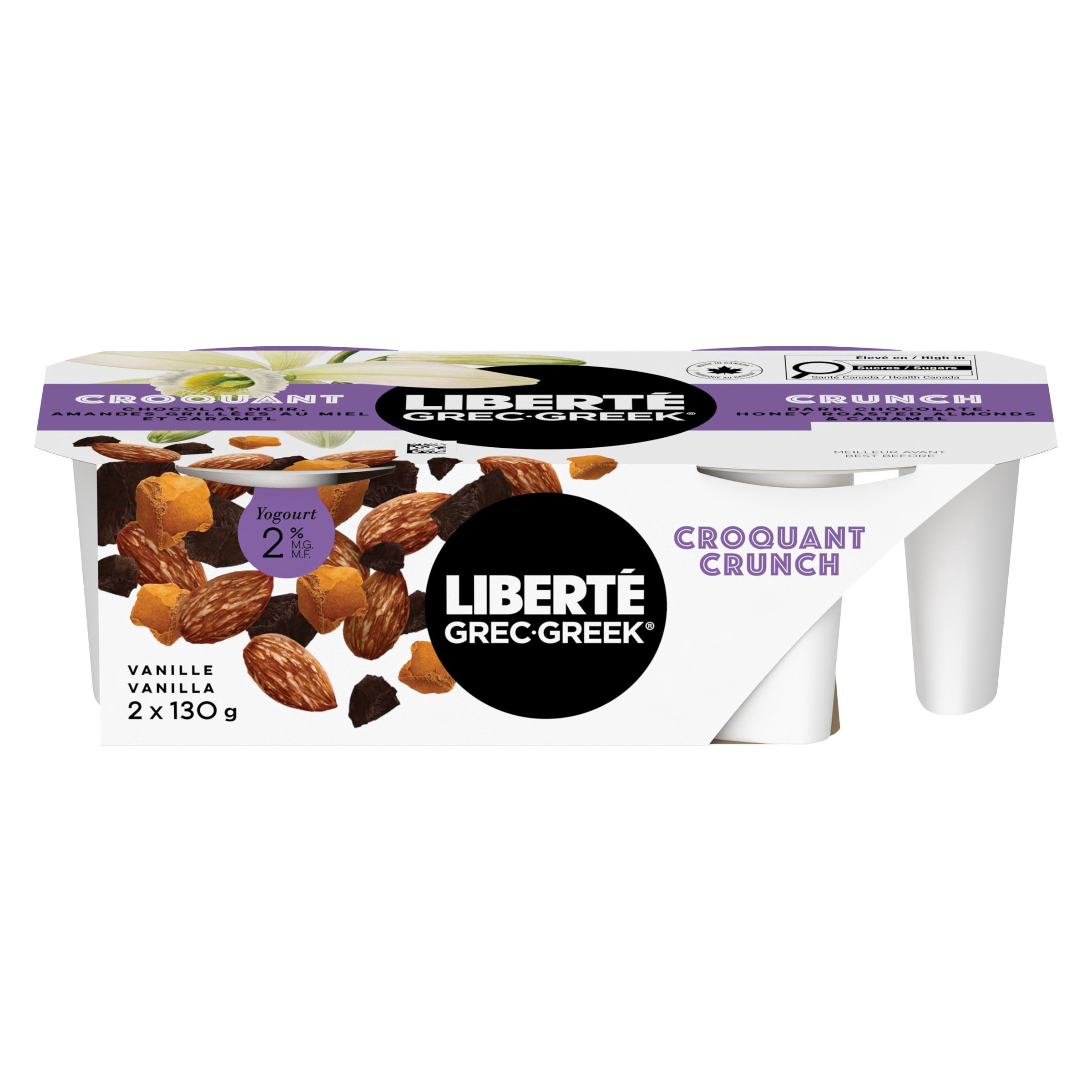 Liberte Greek 2% Vanilla Bean Yogurt Crunch Cups with Dark Chocolate, Salted Almonds, and Caramel Toppings, 2x130g