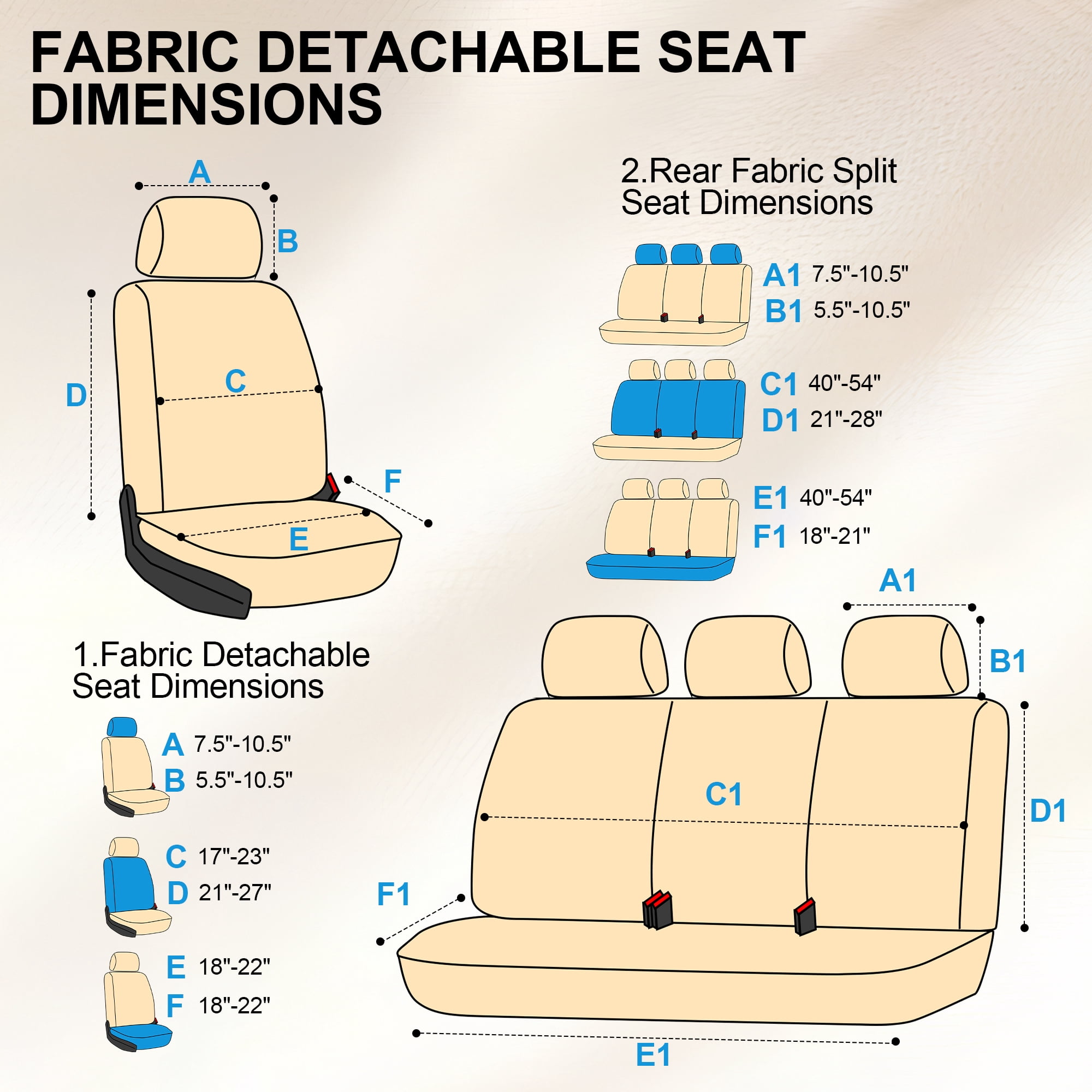 FLORAY 9-Piece Car Seat Covers Full Set - Airbag Safe, Thickened Quilted Cloth, Machine Washable - Universal Fit for Cars, SUVs & Trucks (Solid Rear Bench), Beige