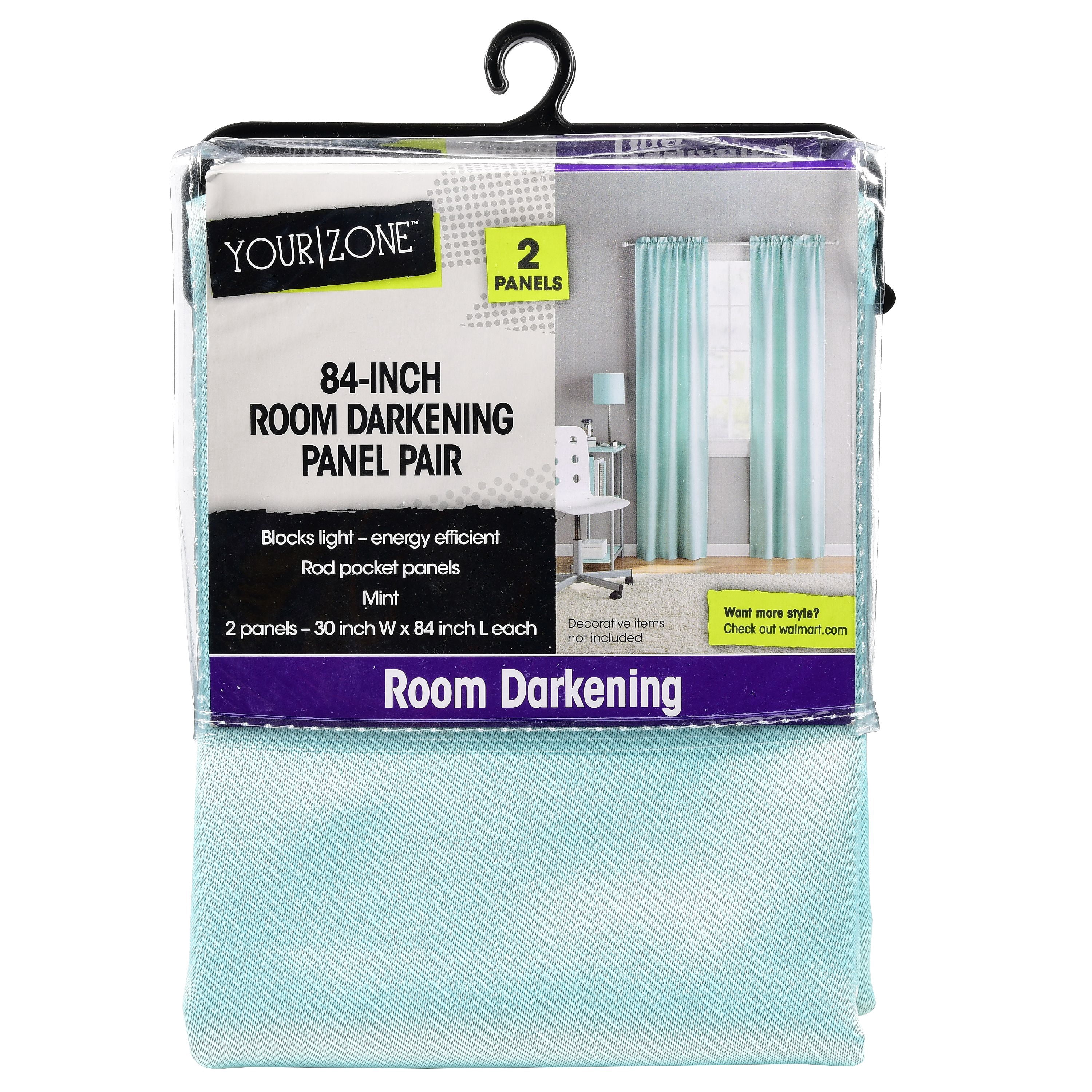 (2 pack) Your Zone Solid Blackout Rod Pocket Curtain Panel Pair, Set of 2, Mint, 30" W x 84" L
