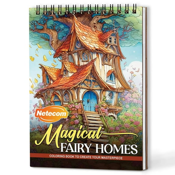 Netecom Magical Fairy Homes Coloring Book Spiral Bound for Adults, A5 Wooden Cover, 30 Enchanting Fairy Houses Coloring Pages of Entering Fanciful Land for Stress Relief and Relaxation