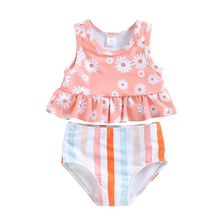 

2 Pcs Toddler Baby Girl Swimsuits Swimwear Sleeveless Round Neck Daisy Printed Tops + Striped Bikini Bottom Set