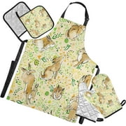 Bestwell Easter Wild Bunny Kitchen Apron Sets,1 Waterproof Apron with Pockets 2 Oven Mitts & 2 Pot Holders Kitchen Accessories Set Adjustable Strap for Kitchen Cooking
