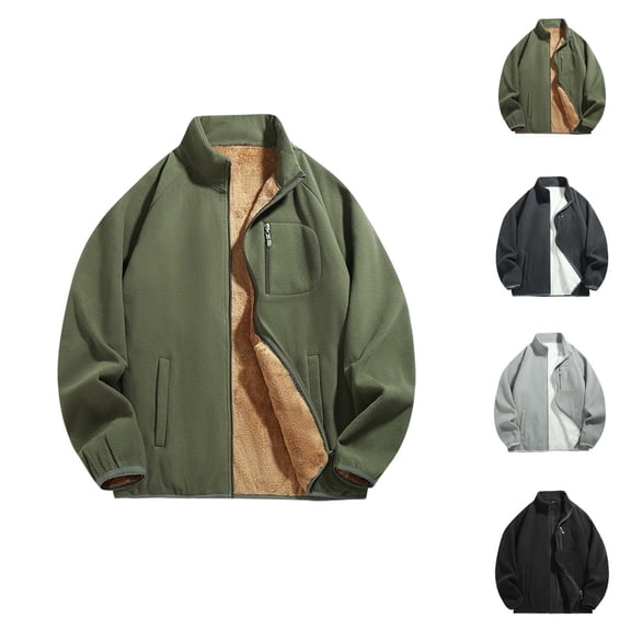 Heavyweight Fleece Lined Jacket Men Long Sleeve Casual Stand Collar Zip Up Jackets with Pockets Winter Warm Coat Outerwear