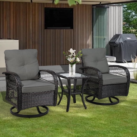 SHGJ&SOFT 3 Piece Patio Furniture Set, 2 Outdoor Swivel Rocking Chairs with Side Table, Thick Cushions Wicker Glider Chairs, All-Weather Brown Rattan Bistro Set for Porch, Deck, Pool (Gray)