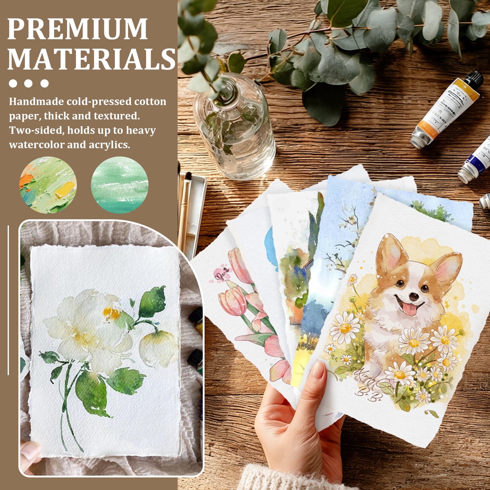 Ikoopy 50 Sheet Watercolor Paper 300gsm Handmade Deckled Edge Thick Textured Paper for Watercolors Weddings Invitations Cards Crafts