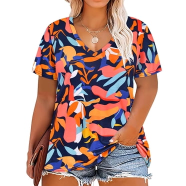 TIYOMI Plus Size Women's Leaves Shirts 2X V Neck Tops Summer Shirts Short Sleeve Pullover Navy Blue Tee 2XL 18W 20W