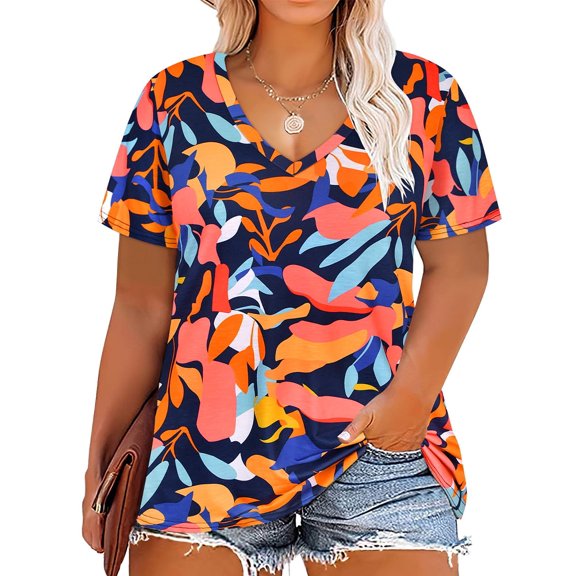TIYOMI Plus Size Tops For Women V Neck Pullover Leaves T-Shirts Navy Blue Short Sleeve Tunics Tee Summer Blouse XL 14W 16W