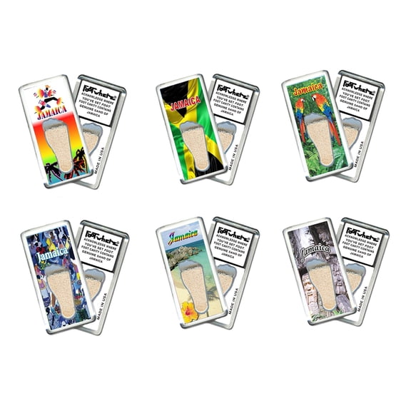 Jamaica FootWhere Souvenir Magnets. 6 Piece Set. (JM200 - Assorted)