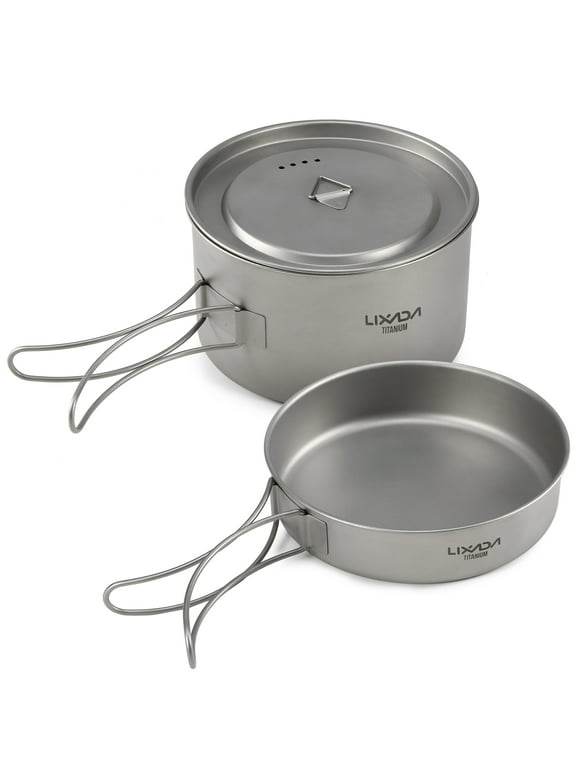 Lixada Lixada 2pcs Camping Cookware Set Titanium Pot Pan Cooking Set with Foldable Handles Mesh Carry Bag