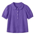 thumbnail image 5 of Comfortable Linen Shirt for Women Peter Pan Collar Short Bubble Sleeve Button Down Textured Casual Purple L, 5 of 8