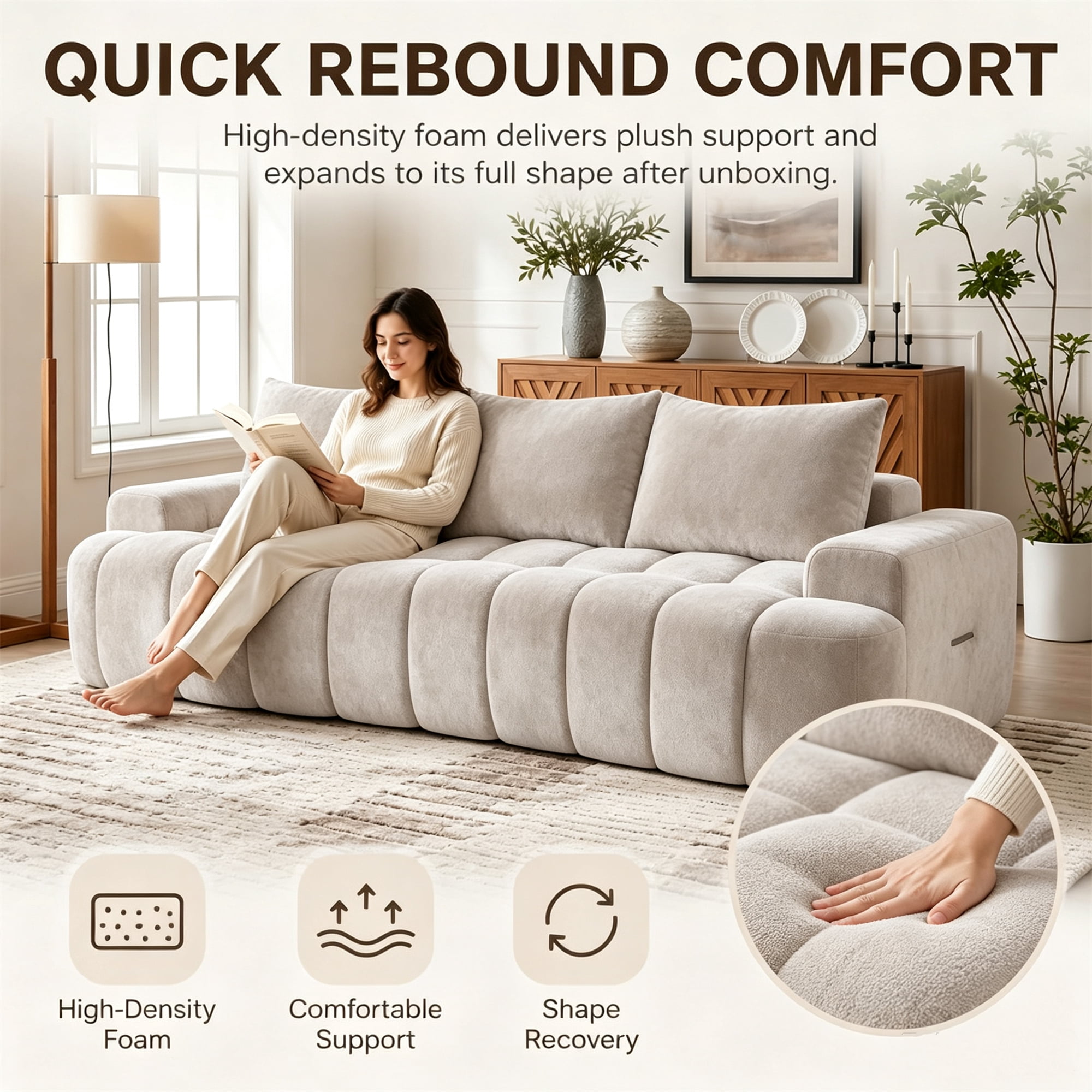 Aukfa 100" Oversized Boucle Cloud Sofa Deep Seat Boneless Couch with Curved Front for Living Room, Camel