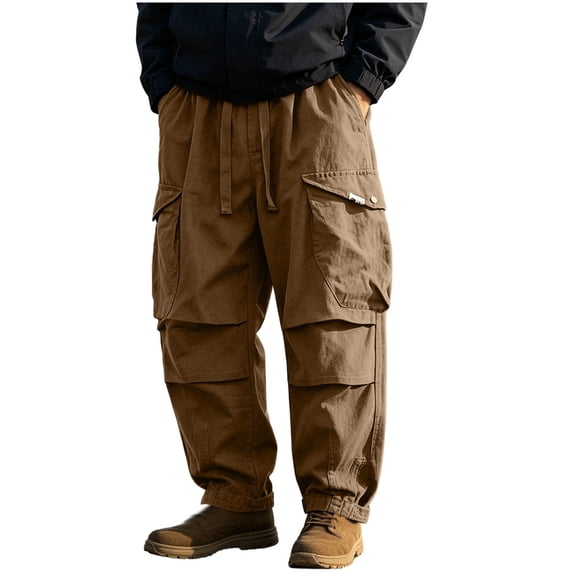 Mens Cotton Cargo Pants Baggy Vintage Drawstring Waist Multi Pocket Outdoor Hiking Trousers Brown 2XL
