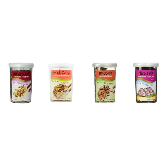 Ajishima JFC Rice Seasoning Fumi Furikake 4 Flavor Mixed Bundle (EBI,Katsuo,Salmon,Shiso) Plus NineChef Brand Long Handle Coffee Spoon