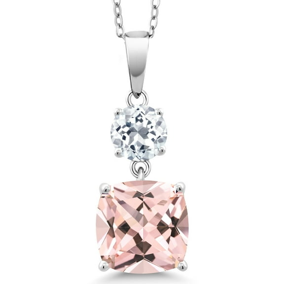 Gem Stone King 925 Sterling Silver Peach Nano Morganite and White Topaz Pendant Necklace for Women (5.22 Cttw, Gemstone October Birthstone, Cushion 10MM, Round 6MM)