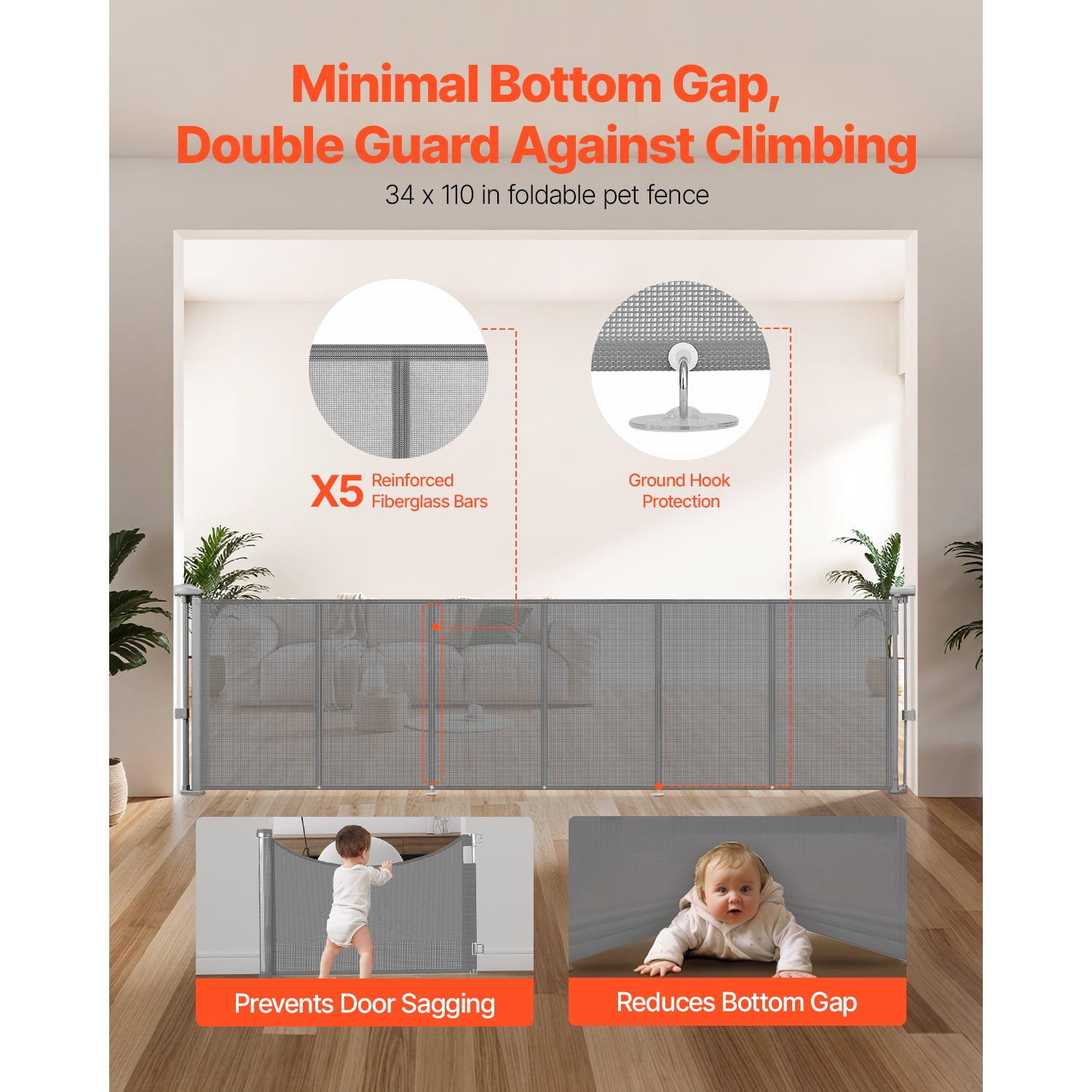 KFFKFF Retractable Baby Gate, 34-Inch Height, Expands Up to 110 Inches Wide, Safety Gate for Children and Pets, Durable Mesh Design, Simple Installation for Stairs, Doorways, Hallways