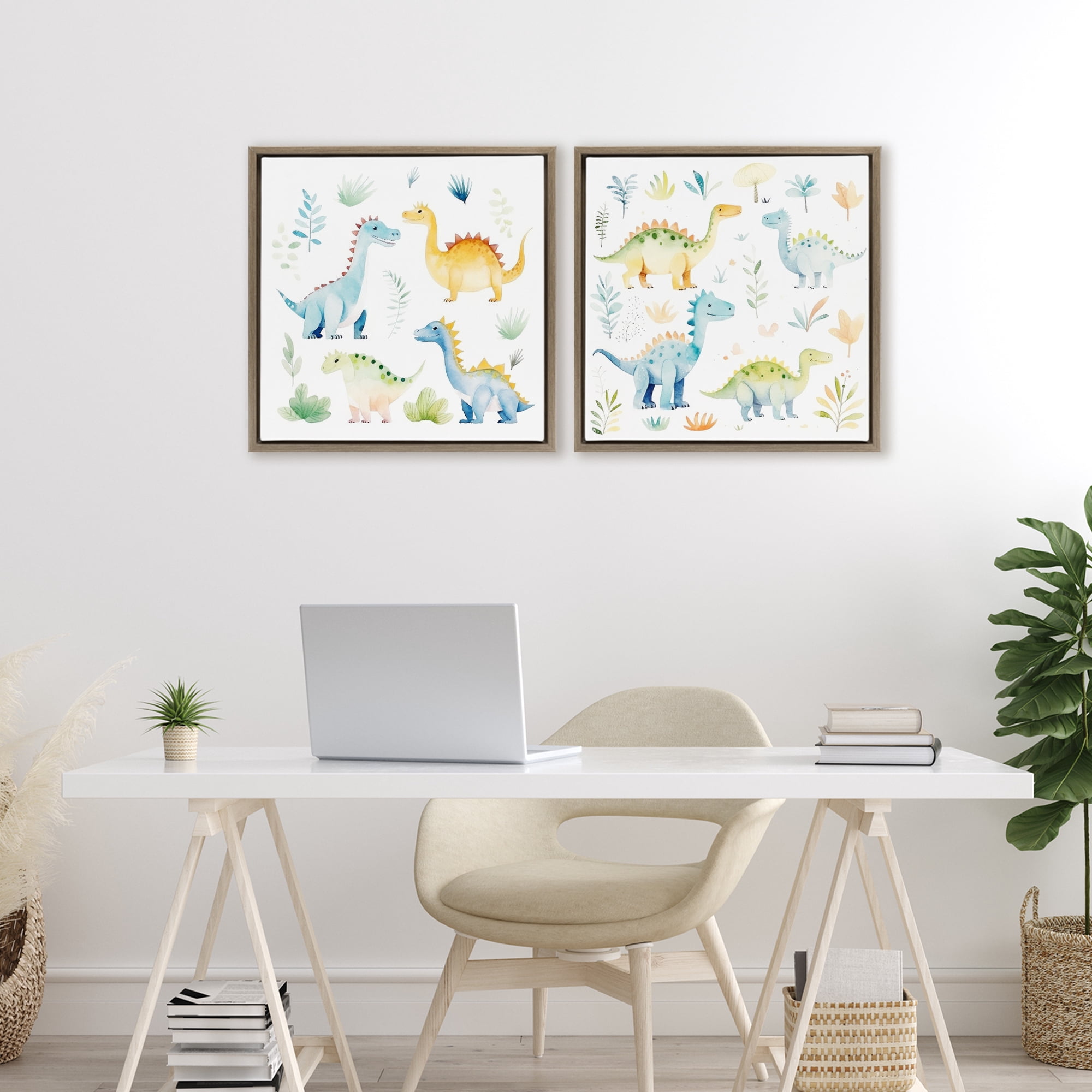 Stupell Industries Playful Dinosaur Wonders 2 Piece Brown Framed Floater Canvas Set, design by Lazar Studio