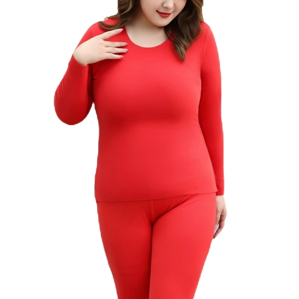 Fashnice Ladies Thermal Underwear Long Sleeve Johns Set Solid Color Top And  Bottom Suits Warm Base Layer Pajama Sets Red 2XL 