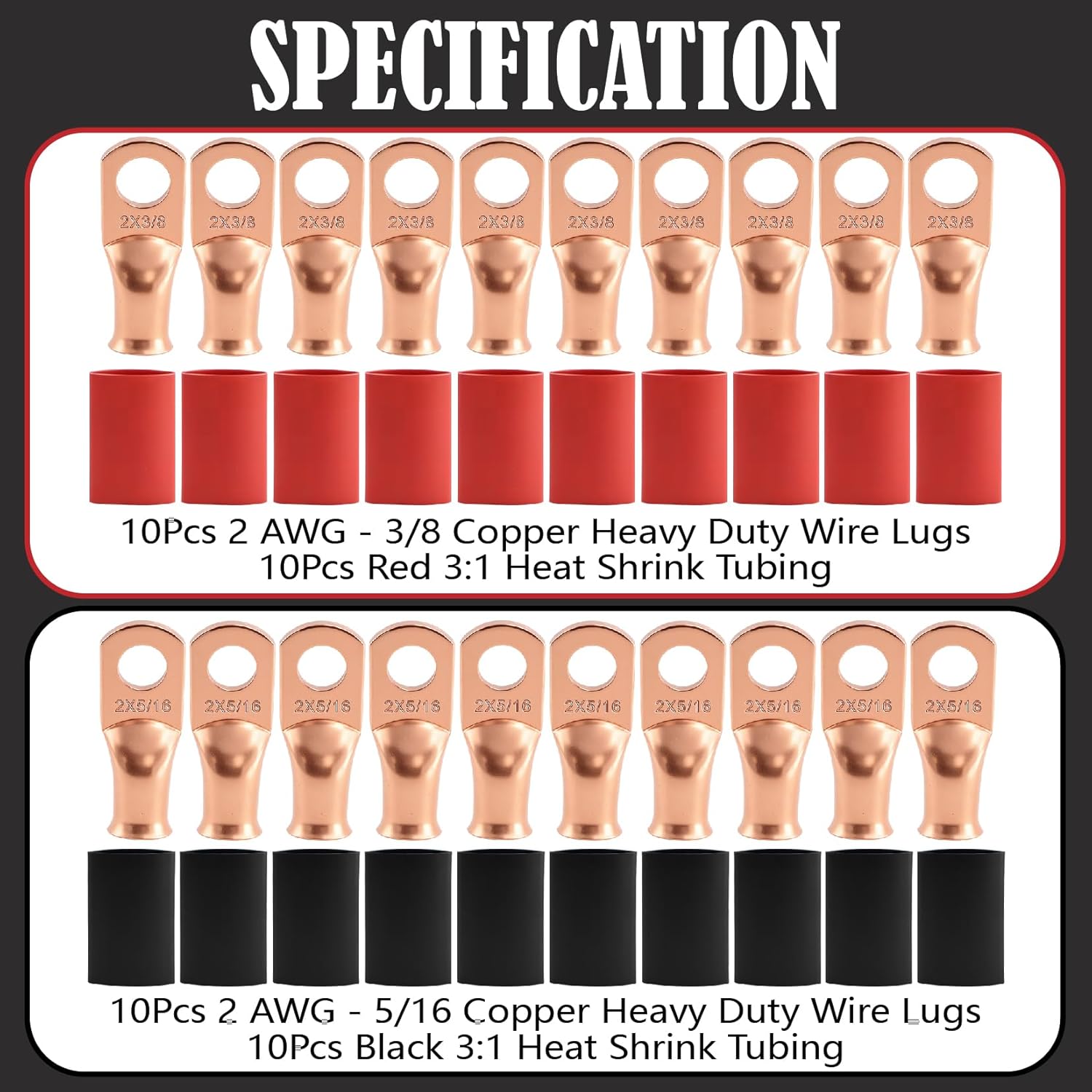 20 Pieces Battery Cable Terminal Set (2-5/16+2-3/8) Heavy Duty Copper Wire Ring, Copper Terminal Connector Terminals, with 20 Pieces 3:1 Heat Shrink Tubing